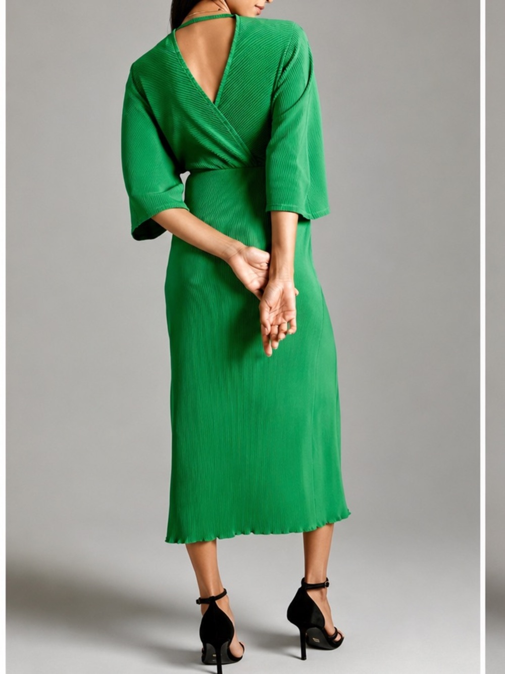 By Anthropologie Plisse V-Neck Wrap Midi Dress Emerald Kelly Green Size Small - Picture 2 of 16